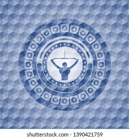 lat pull down, exercise icon inside blue emblem or badge with abstract geometric polygonal pattern background.