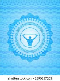 lat pull down, exercise icon inside water representation emblem background.