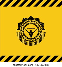 lat pull down, exercise icon black grunge emblem inside yellow warning sign. Vector Illustration. Detailed.