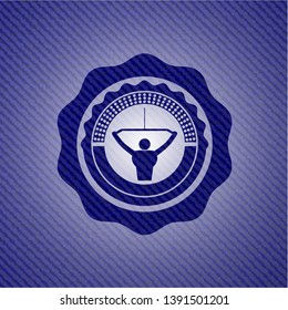 lat pull down, exercise icon inside badge with denim texture