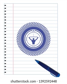 lat pull down, exercise icon draw (pen strokes). Blue ink. Vector Illustration. Detailed.