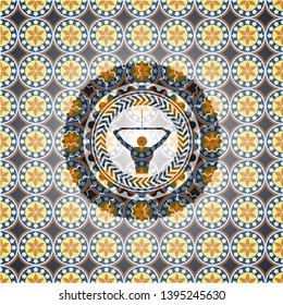 lat pull down, exercise icon inside arabic style emblem. Arabesque decoration.