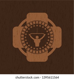 lat pull down, exercise icon inside wood emblem. Vintage.