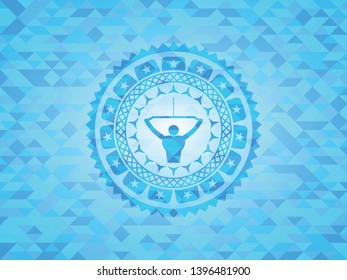 lat pull down, exercise icon inside sky blue emblem with mosaic ecological style background