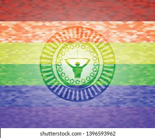lat pull down, exercise icon on mosaic background with the colors of the LGBT flag