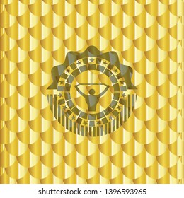 lat pull down, exercise icon inside golden emblem. Scales pattern. Vector Illustration. Detailed.