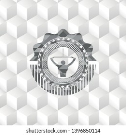 lat pull down, exercise icon inside grey emblem with geometric cube white background