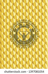 lat pull down, exercise icon inside gold shiny badge. Scales pattern. Vector Illustration. Detailed.