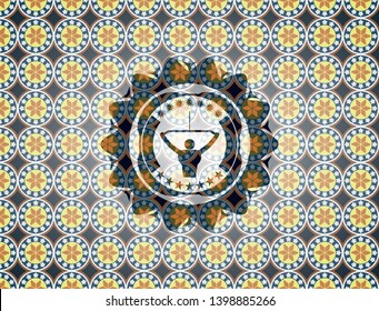 lat pull down, exercise icon inside arabic emblem background. Arabesque decoration.