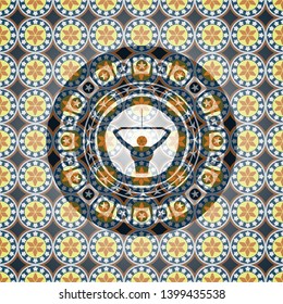 lat pull down, exercise icon inside arabic style badge. Arabesque decoration.