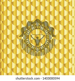 lat pull down, exercise icon inside shiny golden badge. Scales pattern. Vector Illustration. Detailed.