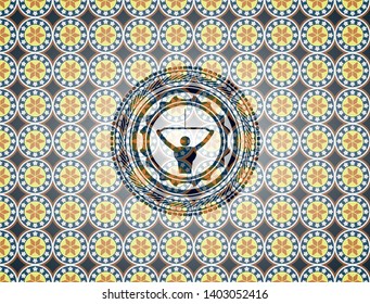 lat pull down, exercise icon inside arabic style badge. Arabesque decoration.