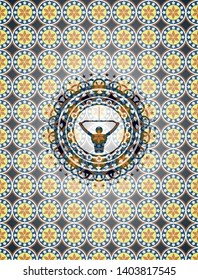 lat pull down, exercise icon inside arabesque badge. arabic decoration.