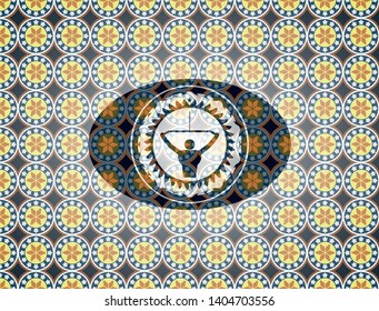 lat pull down, exercise icon inside arabic style badge. Arabesque decoration.