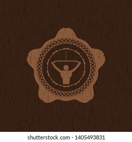 lat pull down, exercise icon inside realistic wooden emblem