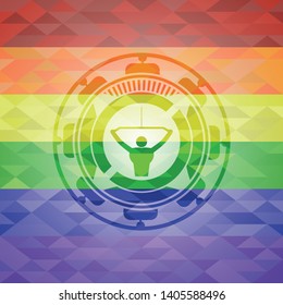 lat pull down, exercise icon inside emblem on mosaic background with the colors of the LGBT flag