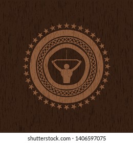 lat pull down, exercise icon inside wood emblem. Vintage.