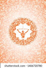 lat pull down, exercise icon inside abstract emblem, orange mosaic background