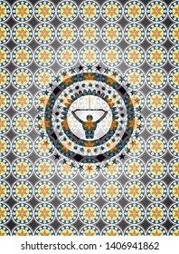 lat pull down, exercise icon inside arabesque style emblem. arabic decoration.