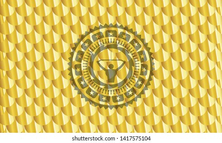 lat pull down, exercise icon inside gold badge or emblem. Scales pattern. Vector Illustration. Detailed.