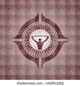 lat pull down, exercise icon inside red geometric pattern emblem. Seamless.