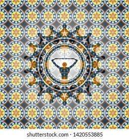 lat pull down, exercise icon inside arabic badge background. Arabesque decoration.