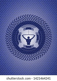 lat pull down, exercise icon inside emblem with denim high quality background