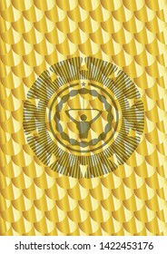 lat pull down, exercise icon inside shiny golden emblem. Scales pattern. Vector Illustration. Detailed.