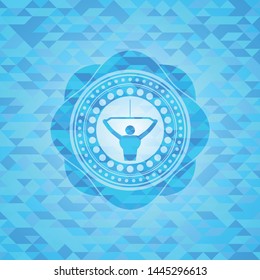 lat pull down, exercise icon inside realistic sky blue emblem. Mosaic background