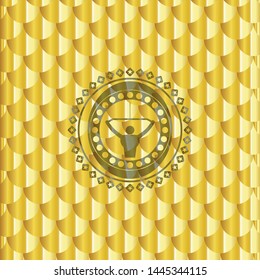 lat pull down, exercise icon inside gold badge. Scales pattern. Vector Illustration. Detailed.