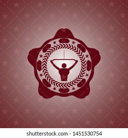 lat pull down, exercise icon inside red emblem. Retro