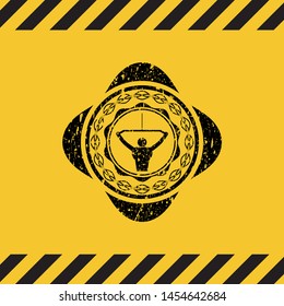 lat pull down, exercise icon black grunge emblem inside yellow warning sign. Vector Illustration. Detailed.