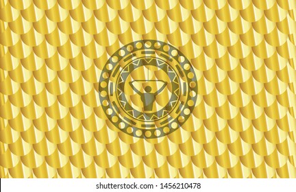 lat pull down, exercise icon inside golden badge or emblem. Scales pattern. Vector Illustration. Detailed.