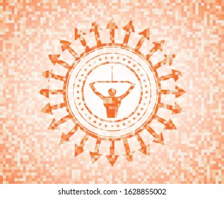 lat pull down, exercise icon inside abstract emblem, orange mosaic background