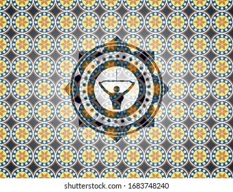 lat pull down, exercise icon inside arabic emblem background. Arabesque decoration.