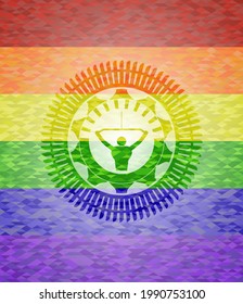 lat pull down, exercise icon inside emblem on mosaic background with the colors of the LGBT flag. 