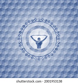 lat pull down, exercise icon inside blue emblem or badge with geometric pattern background. 