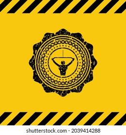 lat pull down, exercise icon black grunge emblem inside yellow warning sign. Vector Illustration. Detailed. 