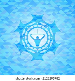 lat pull down, exercise icon inside sky blue emblem. Mosaic background. 