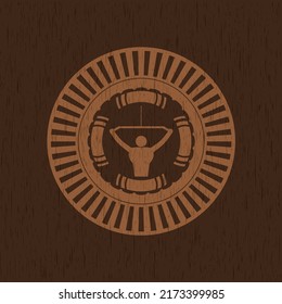 lat pull down, exercise icon inside badge with wood background. 