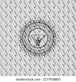 lat pull down, exercise icon inside silver emblem. Scales pattern. Vector Illustration. Detailed. 