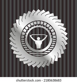 lat pull down, exercise icon inside silver emblem. 