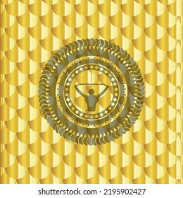 lat pull down, exercise icon inside gold badge. Scales pattern. Vector Illustration. Detailed. 