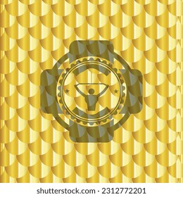 lat pull down, exercise icon inside gold shiny emblem. Scales pattern. Vector Illustration. Detailed. 