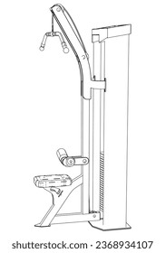 Lat pulldown machine. Gym equipment on white background vector illustration. Different fitness equipment for muscle building. Workout and training concept.