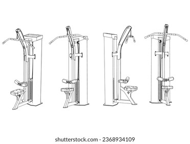 Lat pulldown machine. Gym equipment on white background vector illustration. Different fitness equipment for muscle building. Workout and training concept.