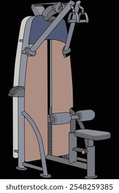 Ilustração da Última Máquina Pull-down. Máquinas de construção de aptidão, cárdio e músculos, equipamentos ajustados no ginásio. Conceito de treino e treinamento.
