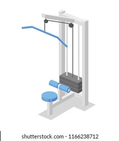 Lat pulldown machine, training apparatus for the gym. Fitness equipment isometric illustration. Flat vector illustration. Isolated on white background.