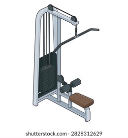 Lat pulldown strength machine with weight stack cable pulley system padded seat thigh support and wide pull bar for upper body training
