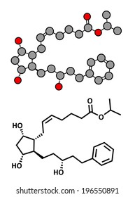 Latanaprost glaucoma drug, chemical structure. Conventional skeletal formula and stylized representation, showing atoms (except hydrogen) as color coded circles. 